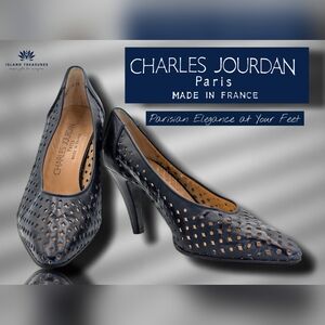 Charles Jourdan Paris Size US 7B | EU 38 Navy Blue Perforated Leather Heels